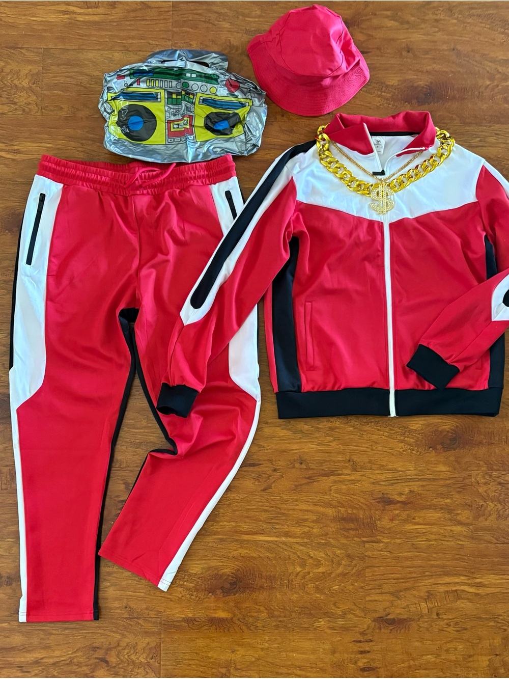 Hip-Hop Costume Tracksuit with Hat, Jewelry, Boombox, and Glasses